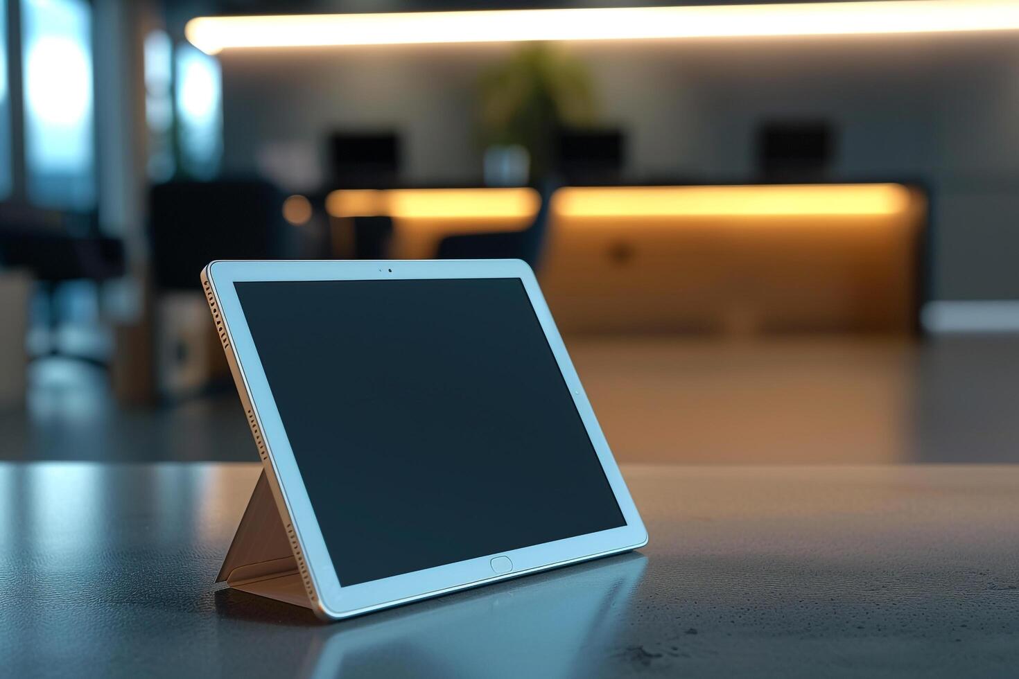 Urban tablet mockup featuring  design in a stylish office environment photo