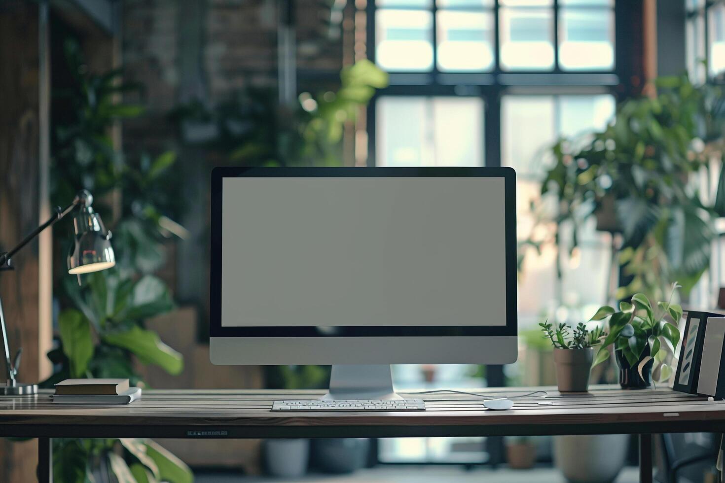 Urban desktop computer mockup featuring dynamic  design in office setup photo
