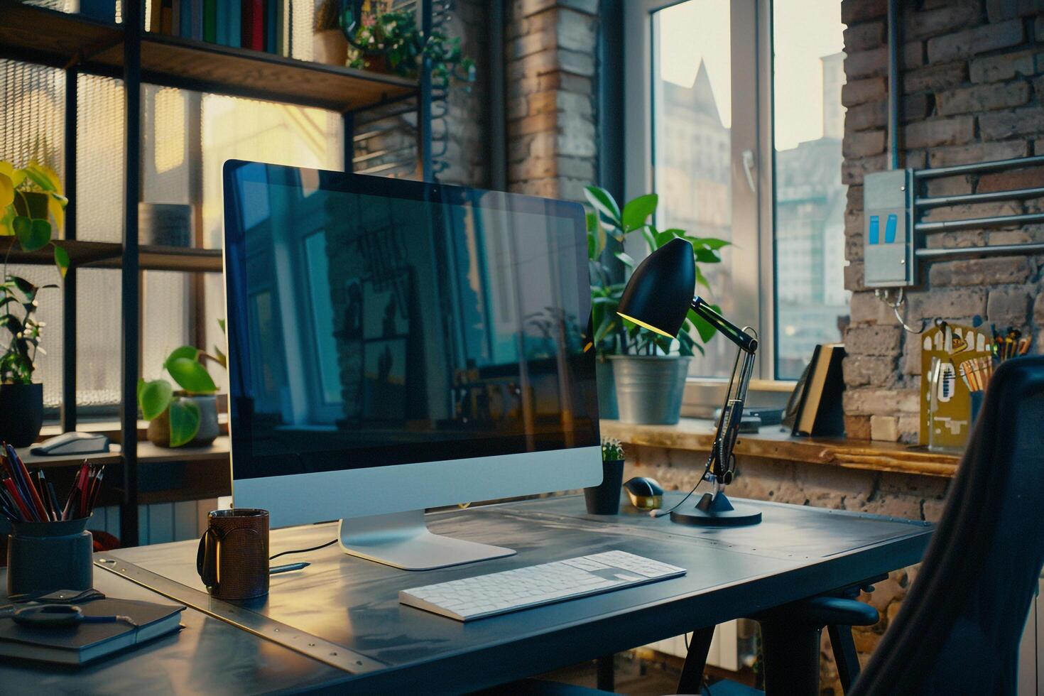 Urban desktop computer mockup showcasing contemporary design in an office photo