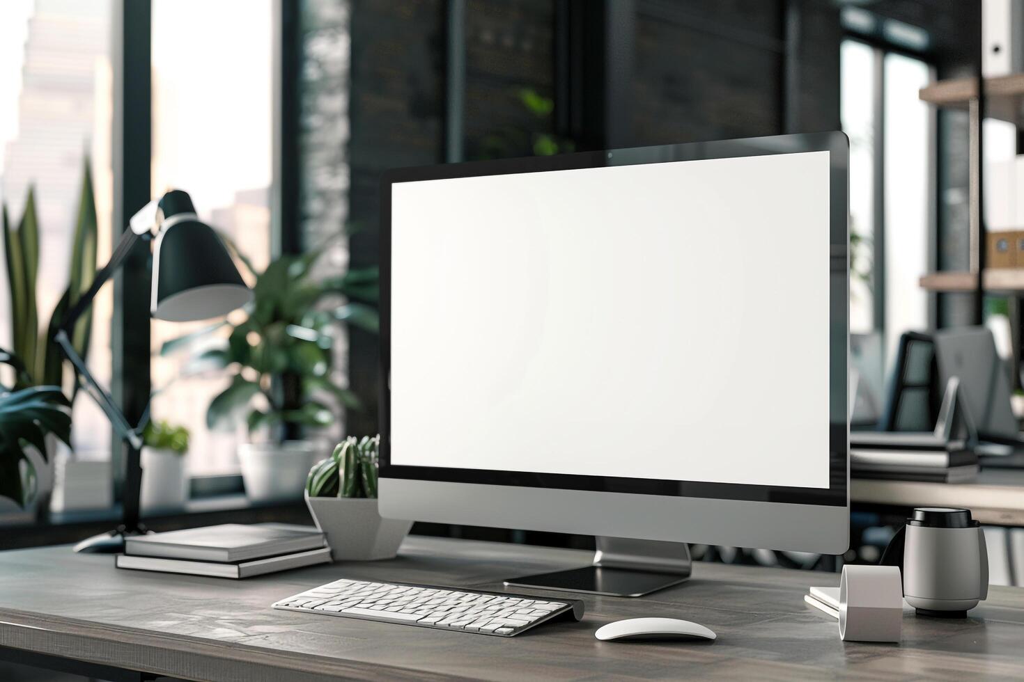 Urban desktop computer mockup with contemporary design and tech setup photo