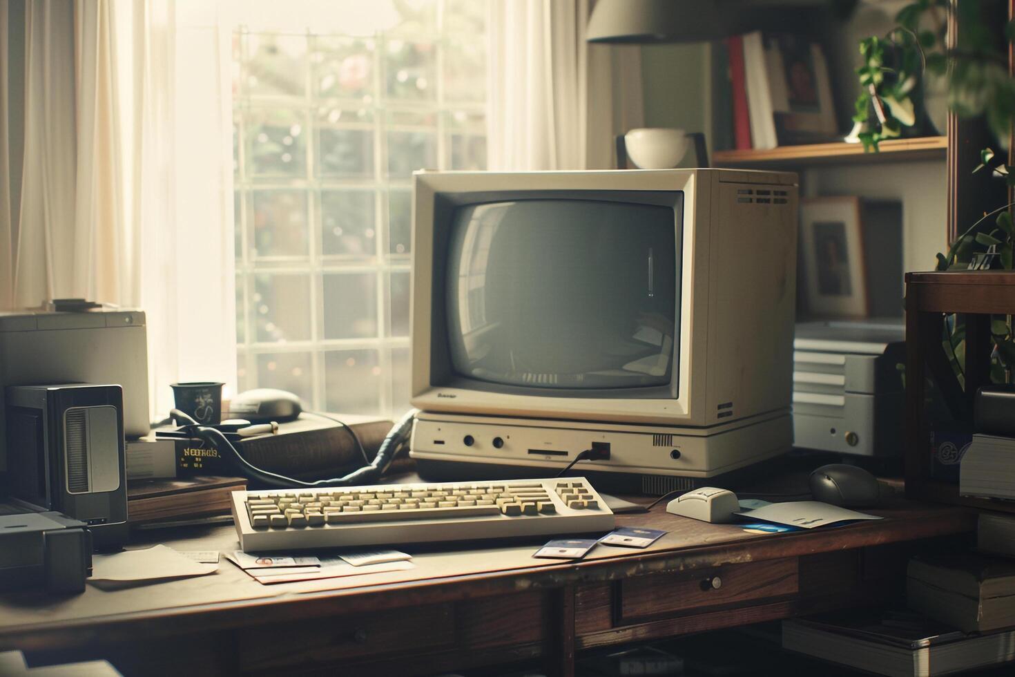 Retro Computer Mockup with CRT Monitor and Floppy Disks on a Wooden Desk photo