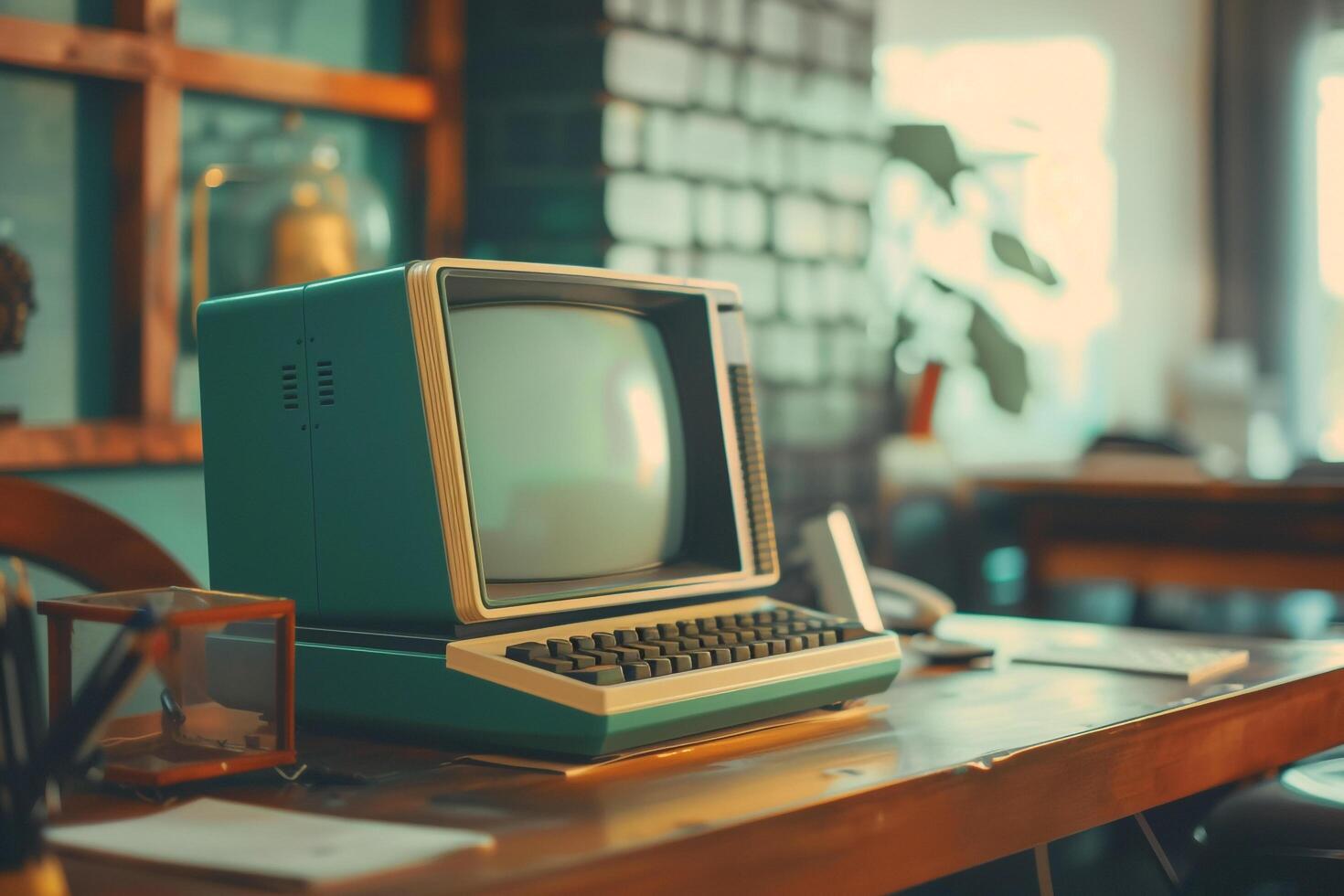 Retro Vintage Desktop Computer Mockup with Classic Background photo