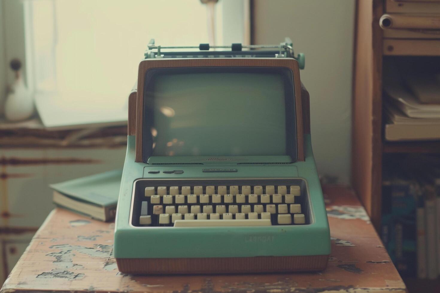 Vintage Tablet Mockup with Retro Design and Tech Background photo