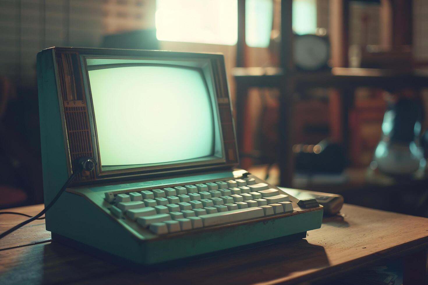 Retro Vintage Laptop Mockup with Classic Tech Design and Background photo
