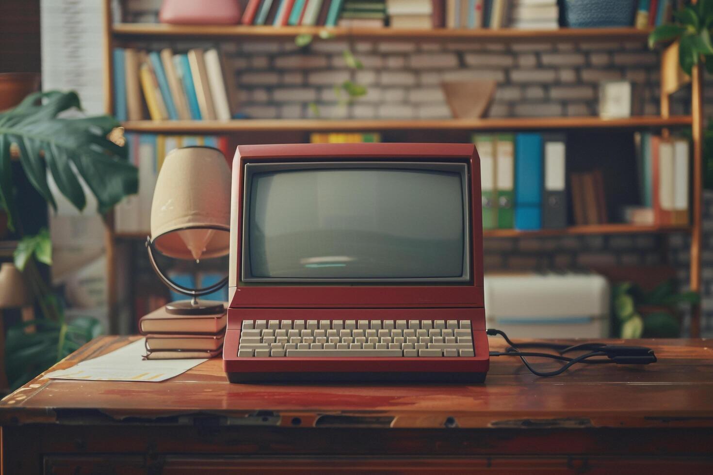 Classic Retro Style Desktop Computer Mockup with Tech Background photo