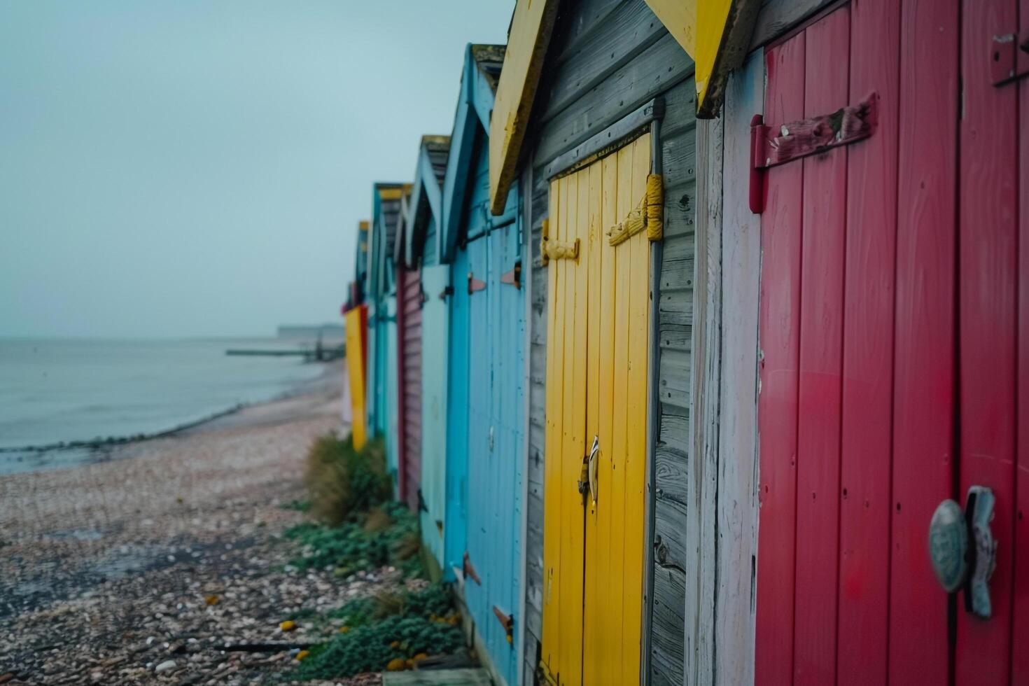 Beach Huts Row Along the Shore with Stunning Coastal Background photo
