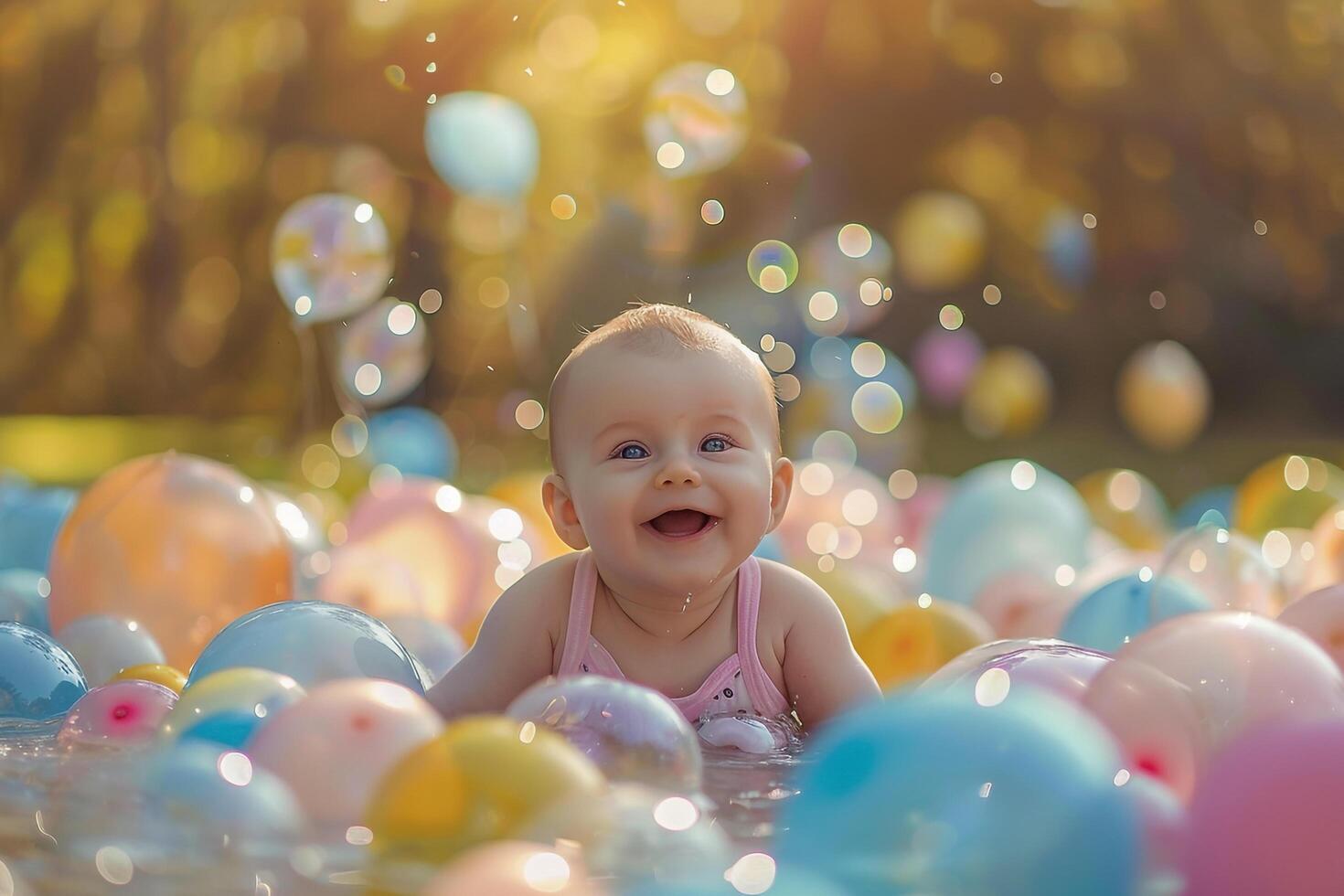 Baby Surrounded by Floating Balloons in a Park with a Joyful Atmosphere photo