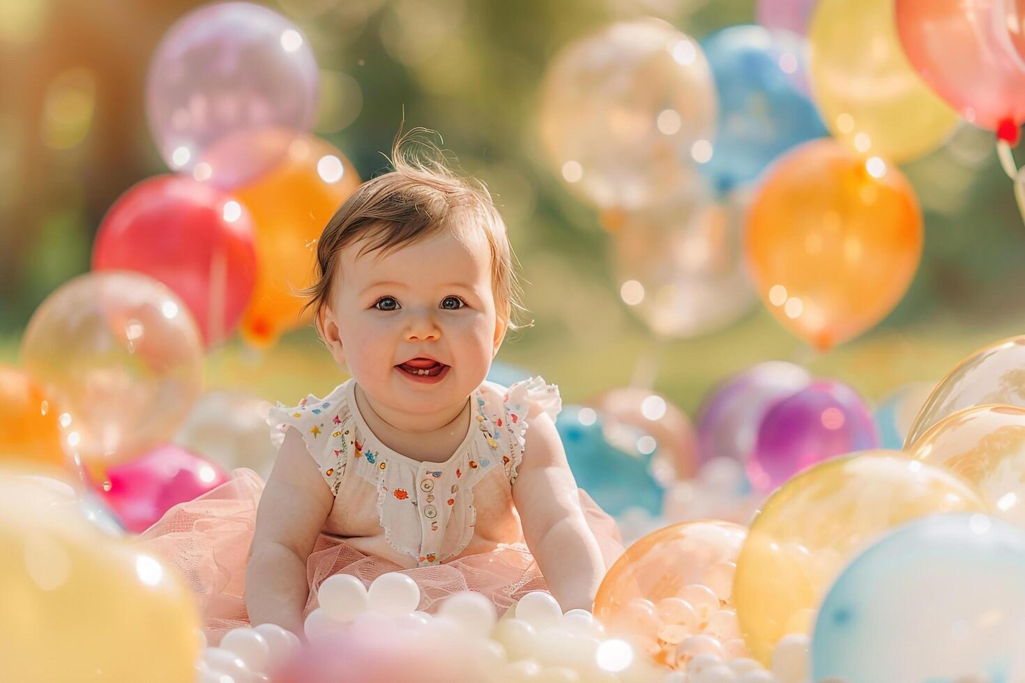 Baby Surrounded by  Balloons in a Park with a Cheerful and Fun Vibe photo