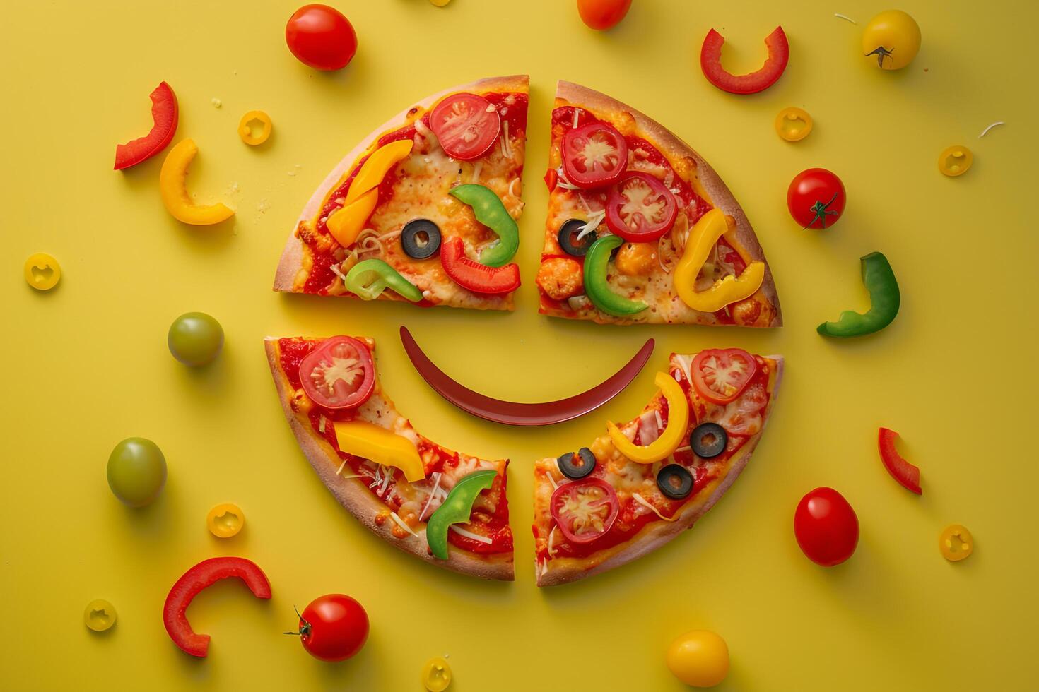 Delightful Pizza Slices Shaped into a Smiley Face with  Toppings and Fresh Ingredients Background photo