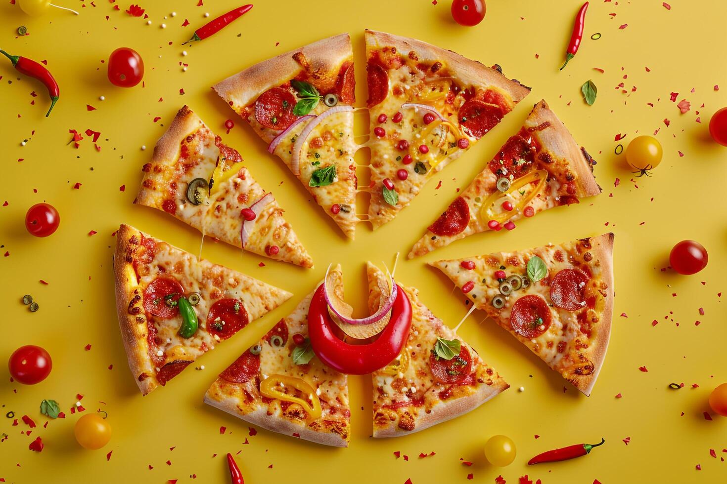 Playful Pizza Slices Forming a Smiley Face with Whimsical Toppings and Fresh Ingredients Background photo