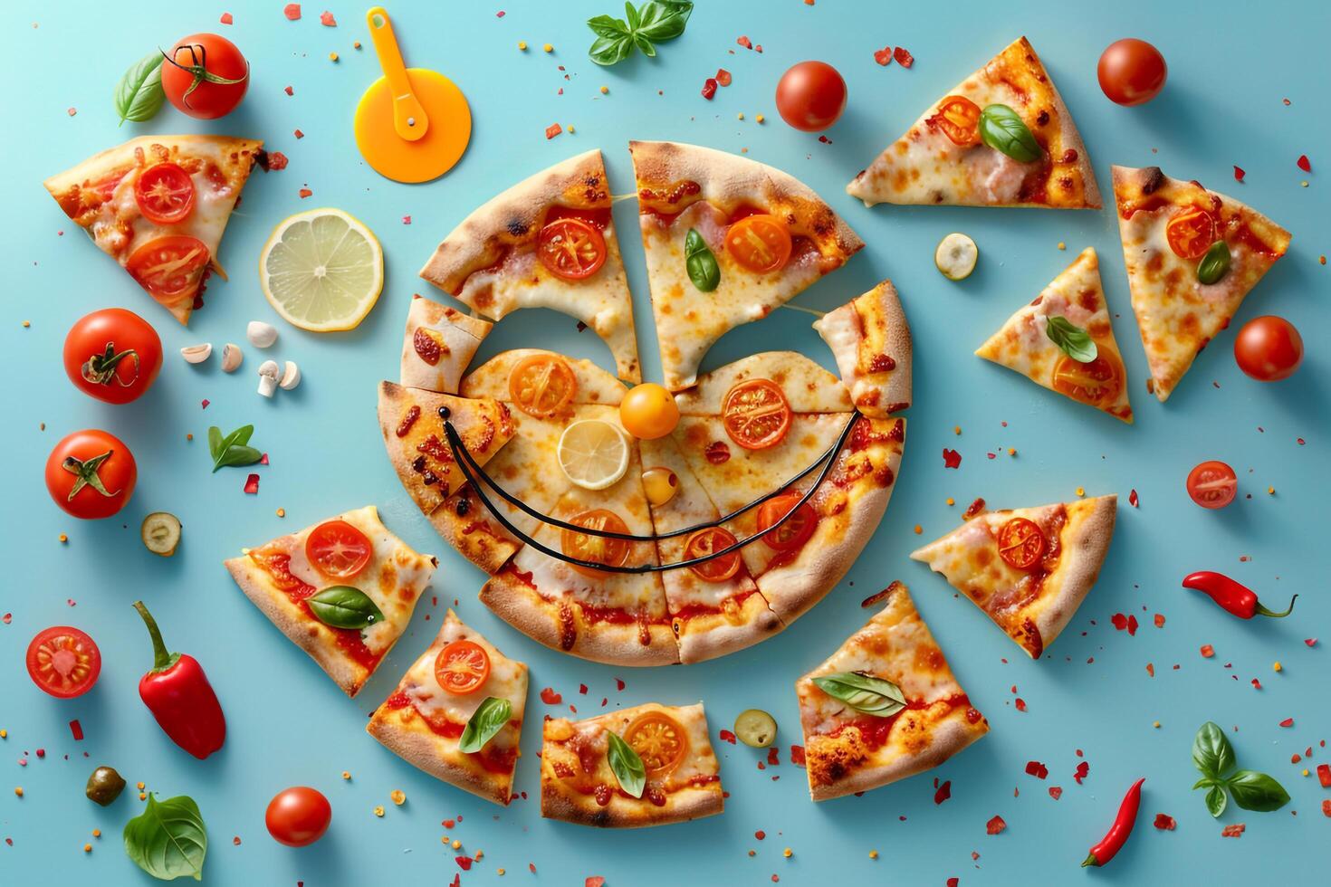 Joyful Pizza Slices Arranged in a Smiley Face with  Toppings and Fresh Ingredients Background photo
