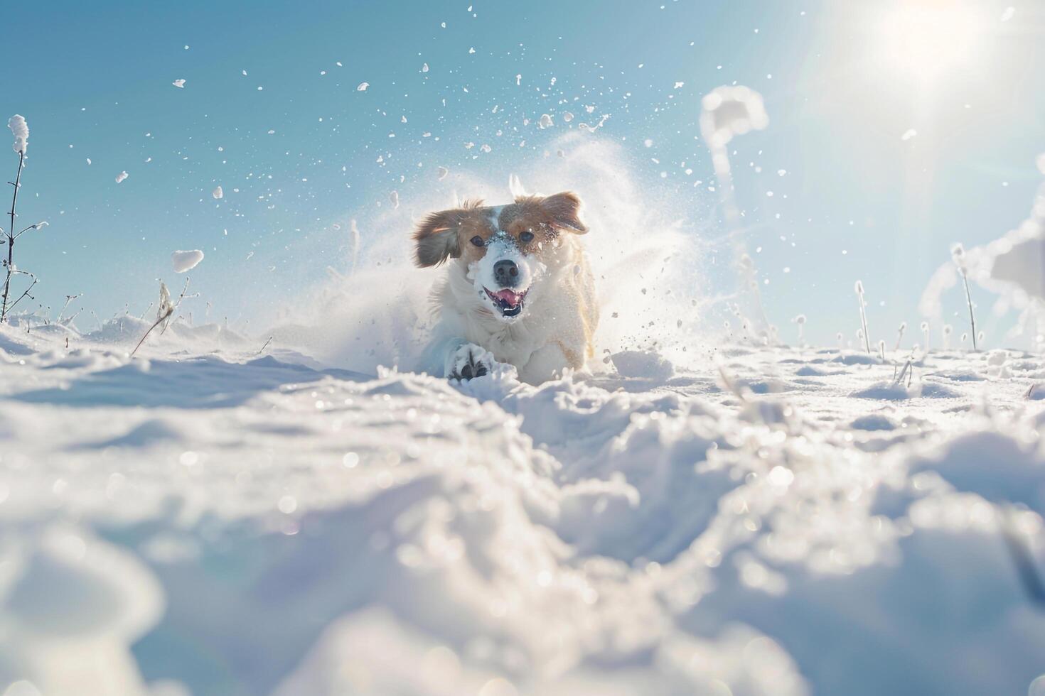 Joyful Dog Playing in Deep Snow Under a Blue Winter Sky Background photo