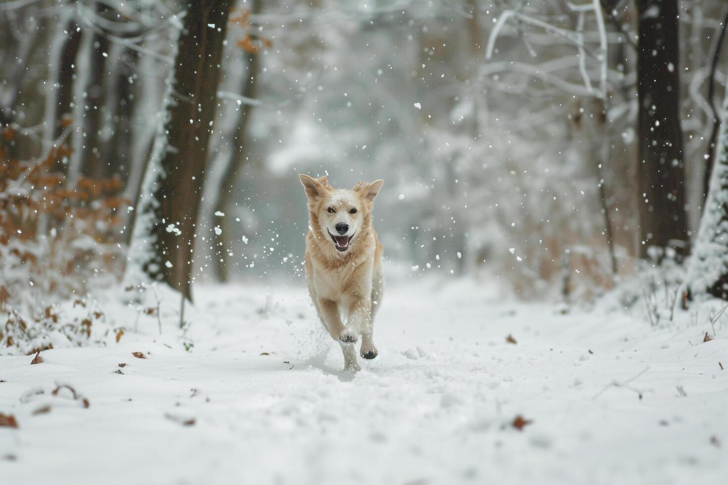 Energetic Dog Running Through Snow Covered Forest with Falling Snowflakes Background photo