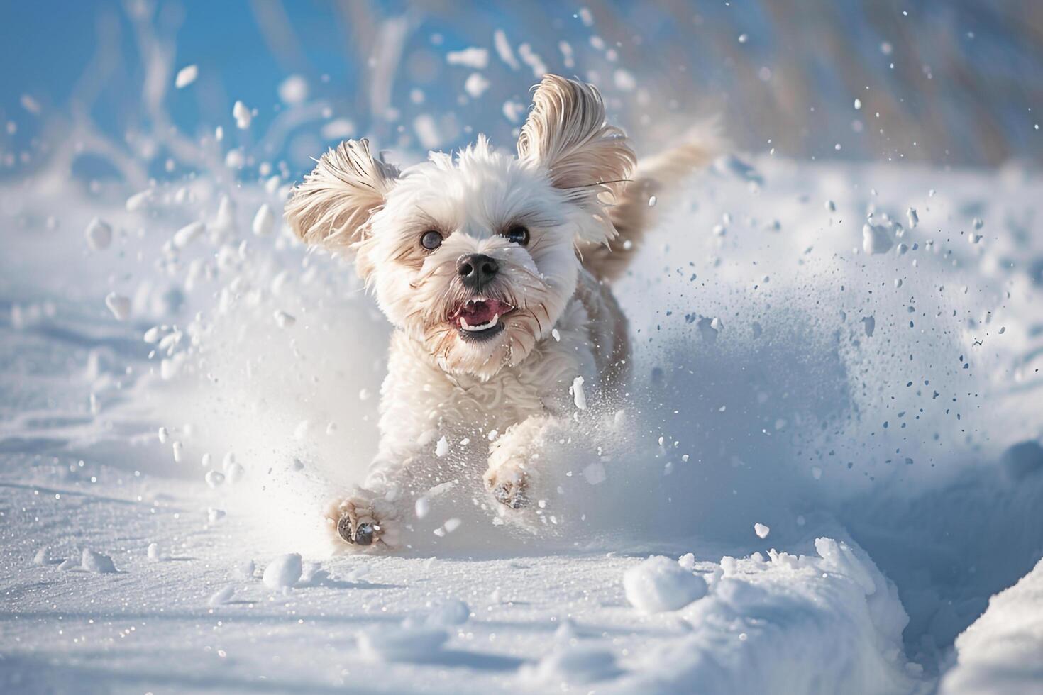 Playful Dog Playing in Deep Snow Under a  Winter Sky Background photo
