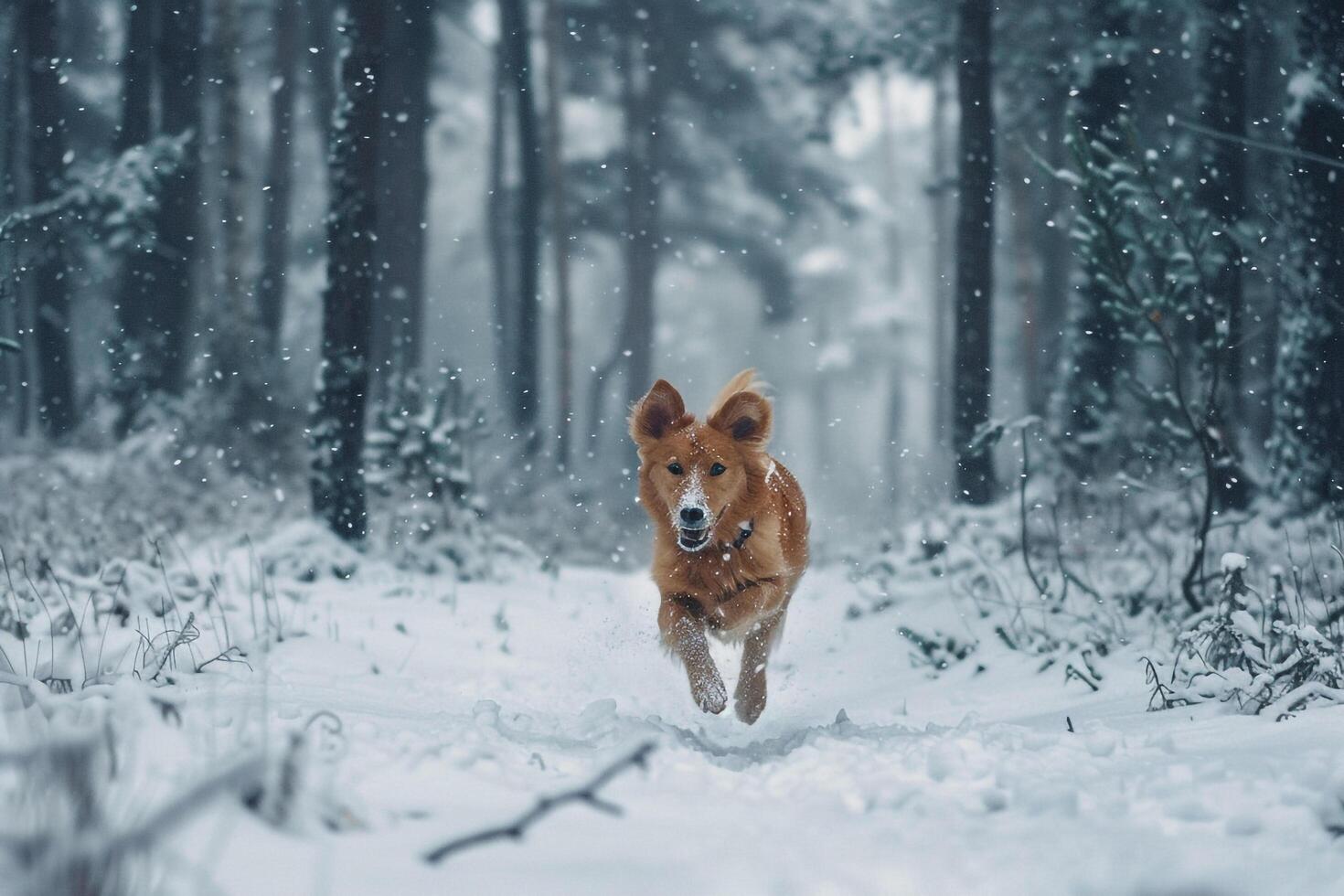 Playful Dog Frolicking in Fresh Snow in a Forest Background photo