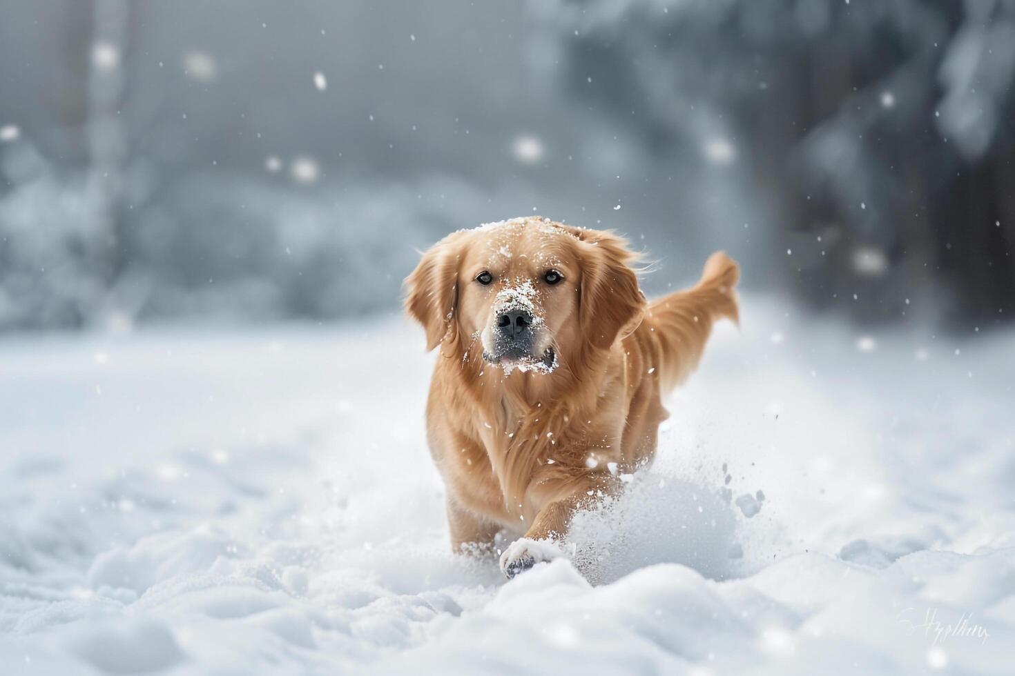 Happy Dog Playing in Field of Untouched Snow with Snowy Trees Background photo