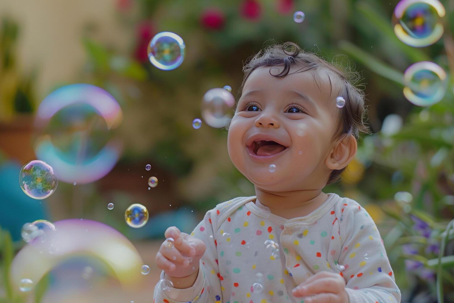 Baby Playing with Bubbles in Garden Fun and   Environment photo