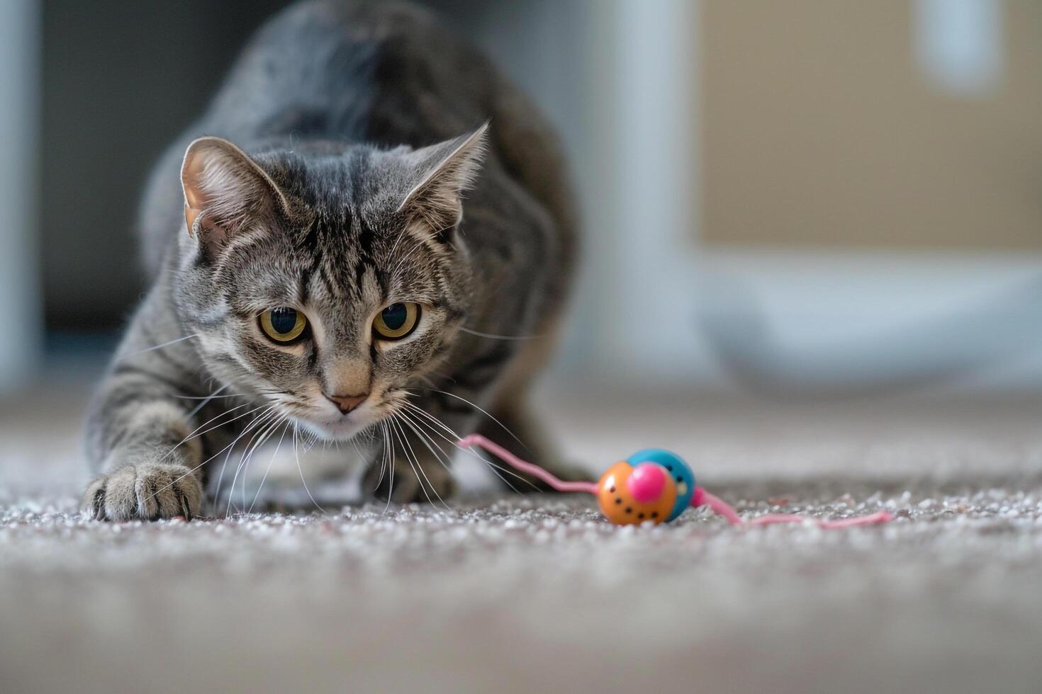 Gray Tabby Cat Playing with Wind Up Toy Mouse on Carpet photo