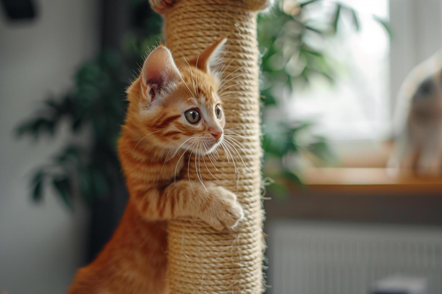 Tabby Kitten Climbing Scratching Post Active and Playful photo