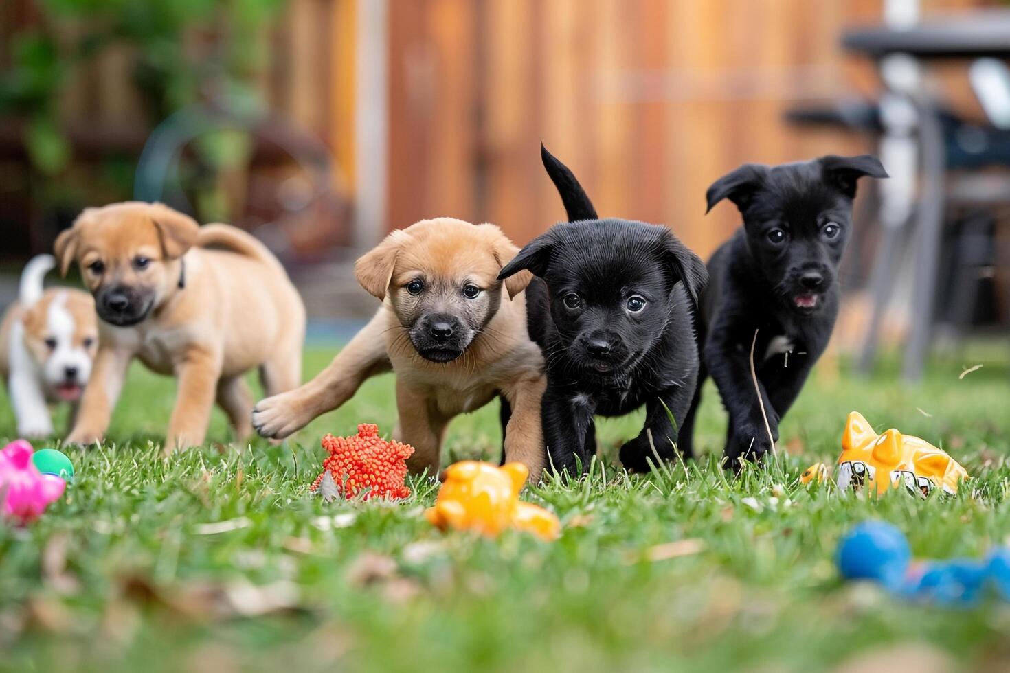 Puppies Joyfully Playing with Toys in a Backyard Full of Fun and Games photo