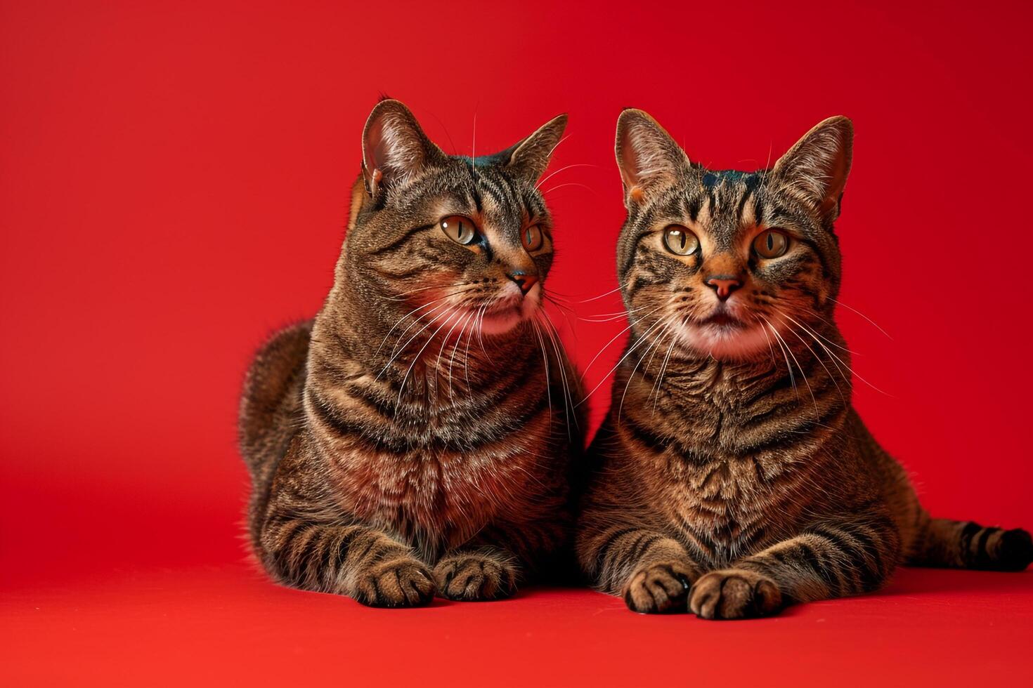 Portrait Featuring Cats with a B  Red Background Emphasizing Playfulness photo