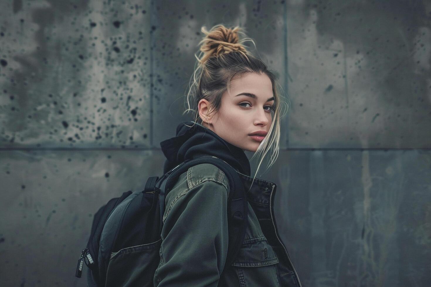 Urban Fashionable Woman in a Gritty  Gray City  with Trendy Attire photo