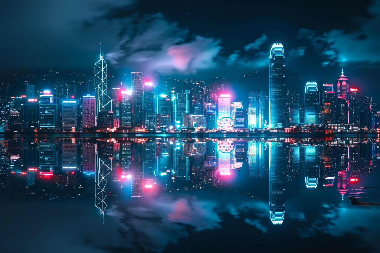 Hong Kongs  Neon Lit Skyline with s in Victoria Harbour During the Night photo