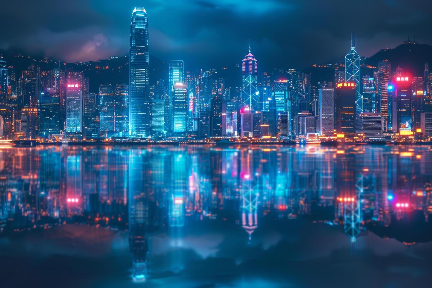 Illuminated Hong Kong Skyline with Neon Lights Reflecting in Victoria Harbour at Night photo