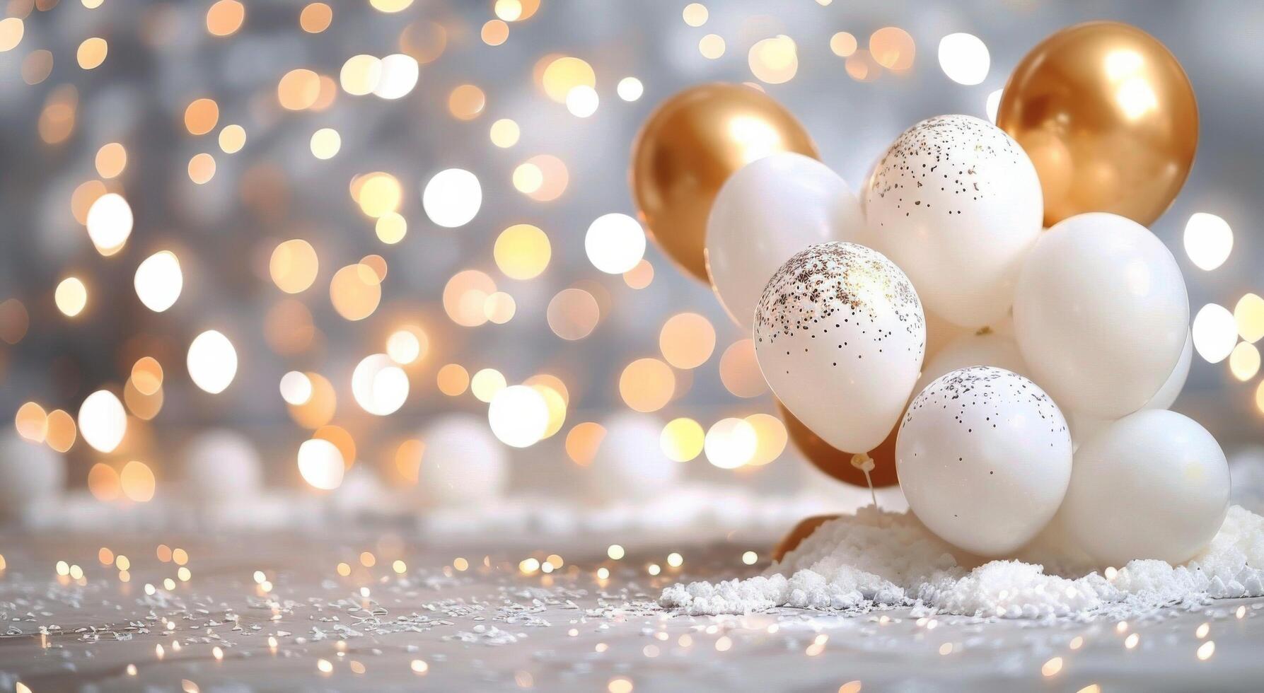 Elegant White Balloons Floating Among Golden Decorations at a Celebration Venue photo