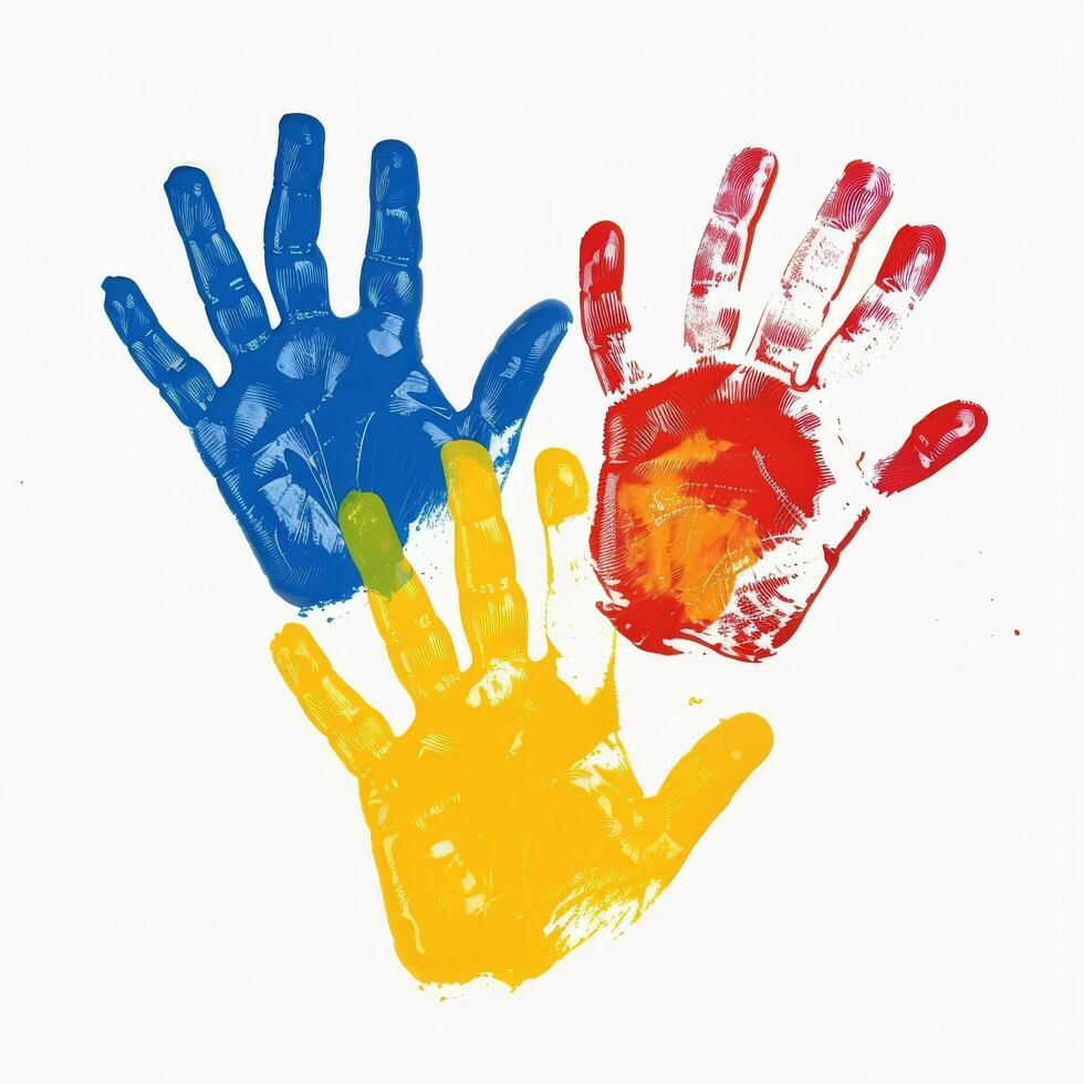 Colorful Handprints on White Background photo