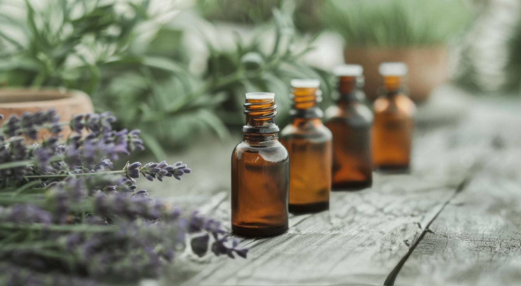 Essential Oils on Wooden Surface photo