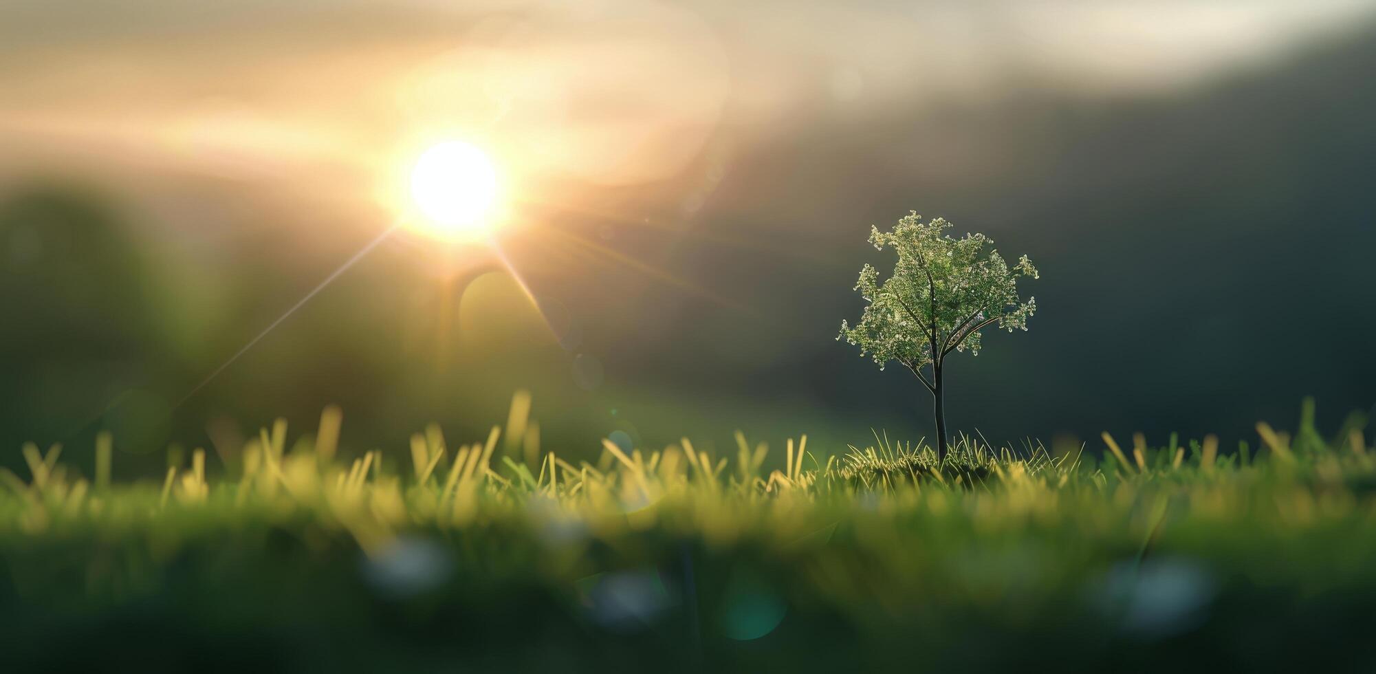 Lone Tree in Misty Field at Dawn photo