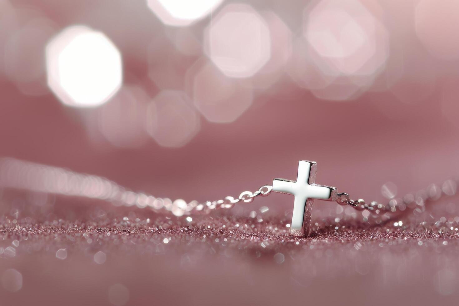 Silver Cross Necklace on Pink Background photo