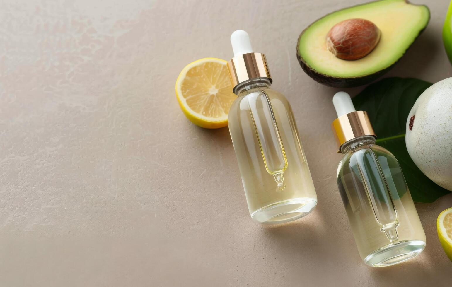 Avocado Oil and Leaves on Fabric photo