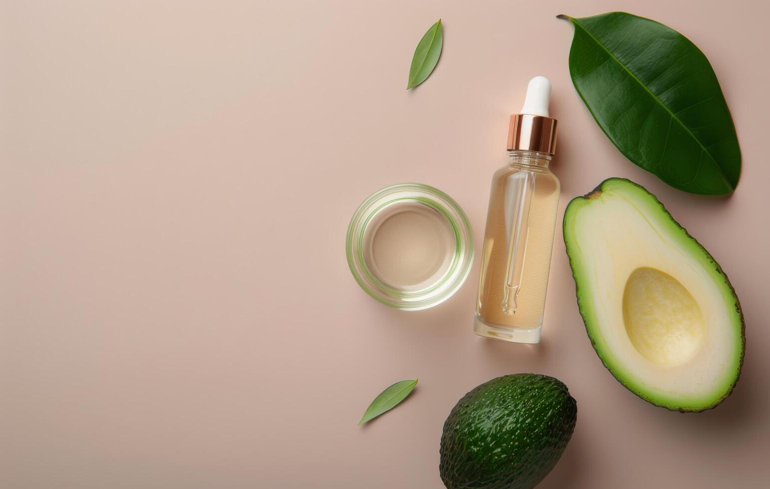 Avocado Oil and Leaves on Fabric photo
