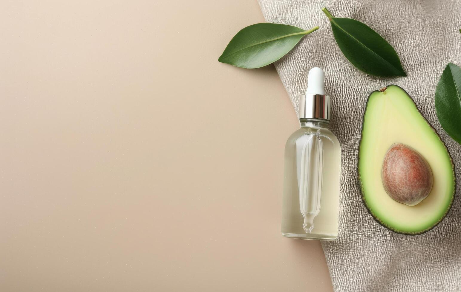 Avocado Oil and Leaves on Fabric photo