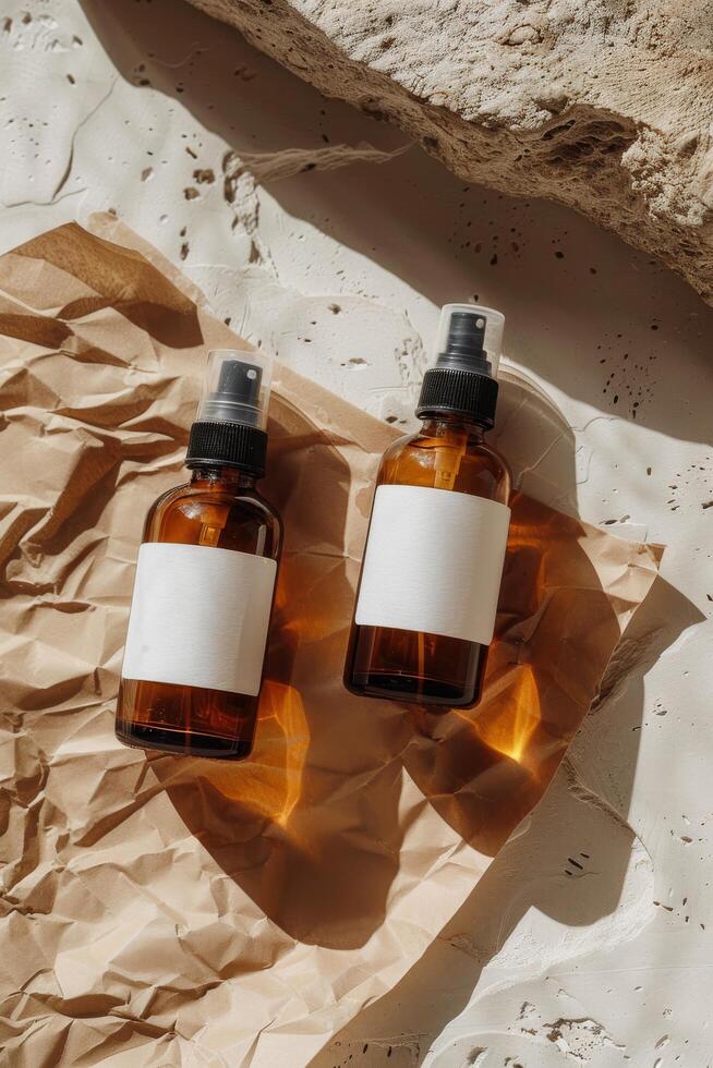 Amber Bottles With Blank Labels on Fabric photo