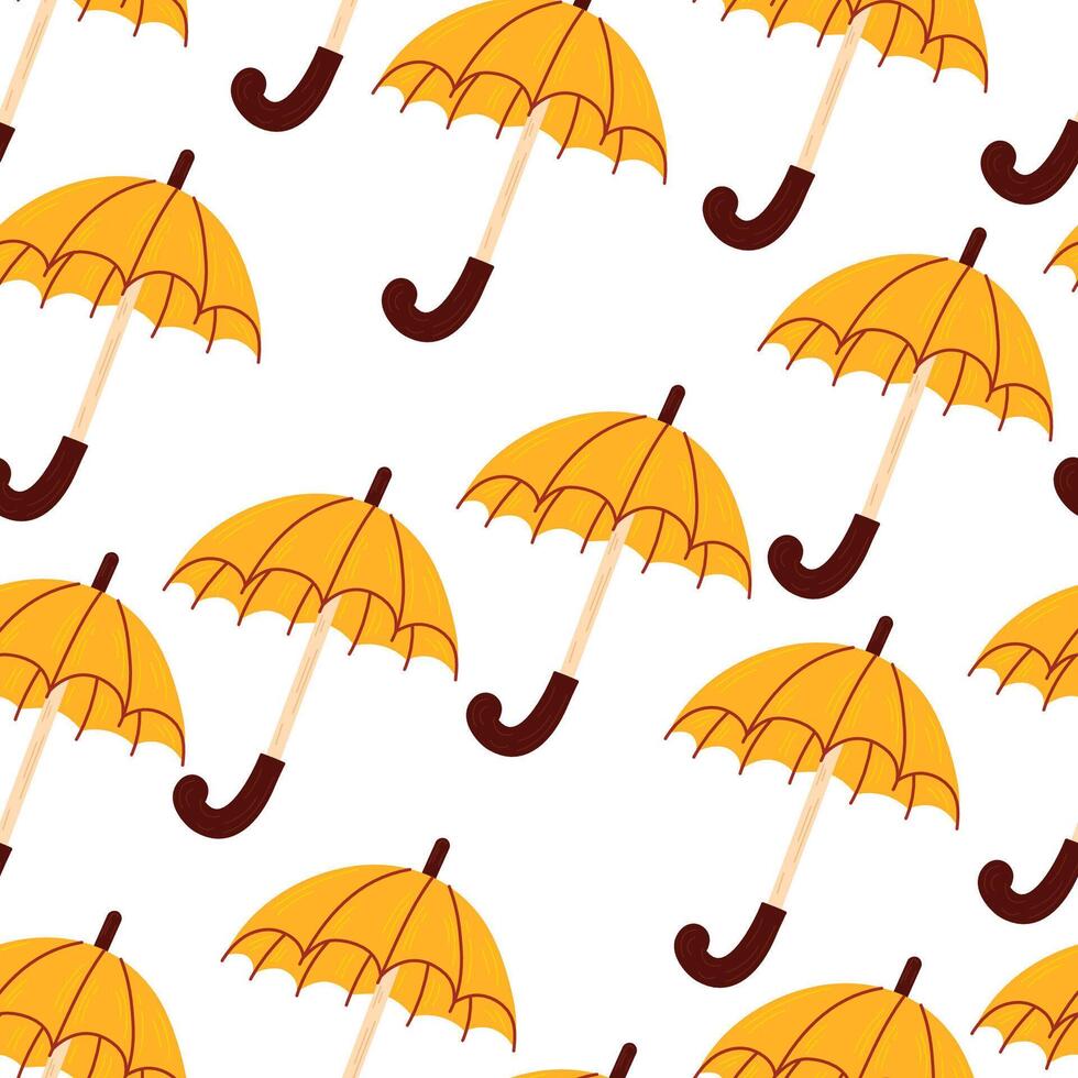 Simple seamless autumn pattern with umbrella. With autumn leaves, umberella, glasses, rainy cloud, hearts, hot coffee. For wallpaper, gift paper, pattern fills, backgrounds, greeting cards. vector