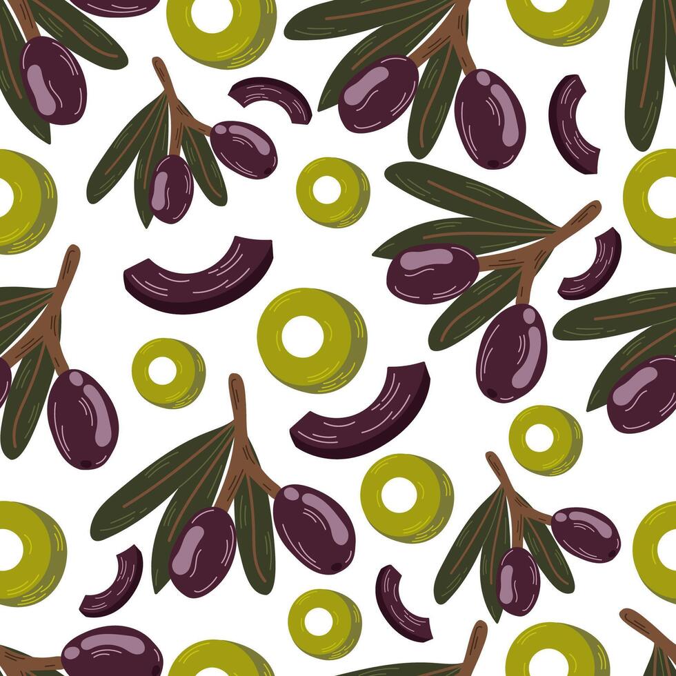 Seamless pattern design with Olives Silhouette on. Exotic botanical background in sketch style. vector