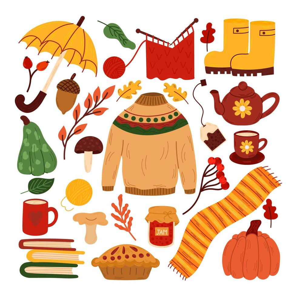 Autumn. A set of simple flat illustrations pumpkin,sweater,candle,falling leaves,mushroom.Hello autumn. Collection of fall season scrapbooking elements. vector