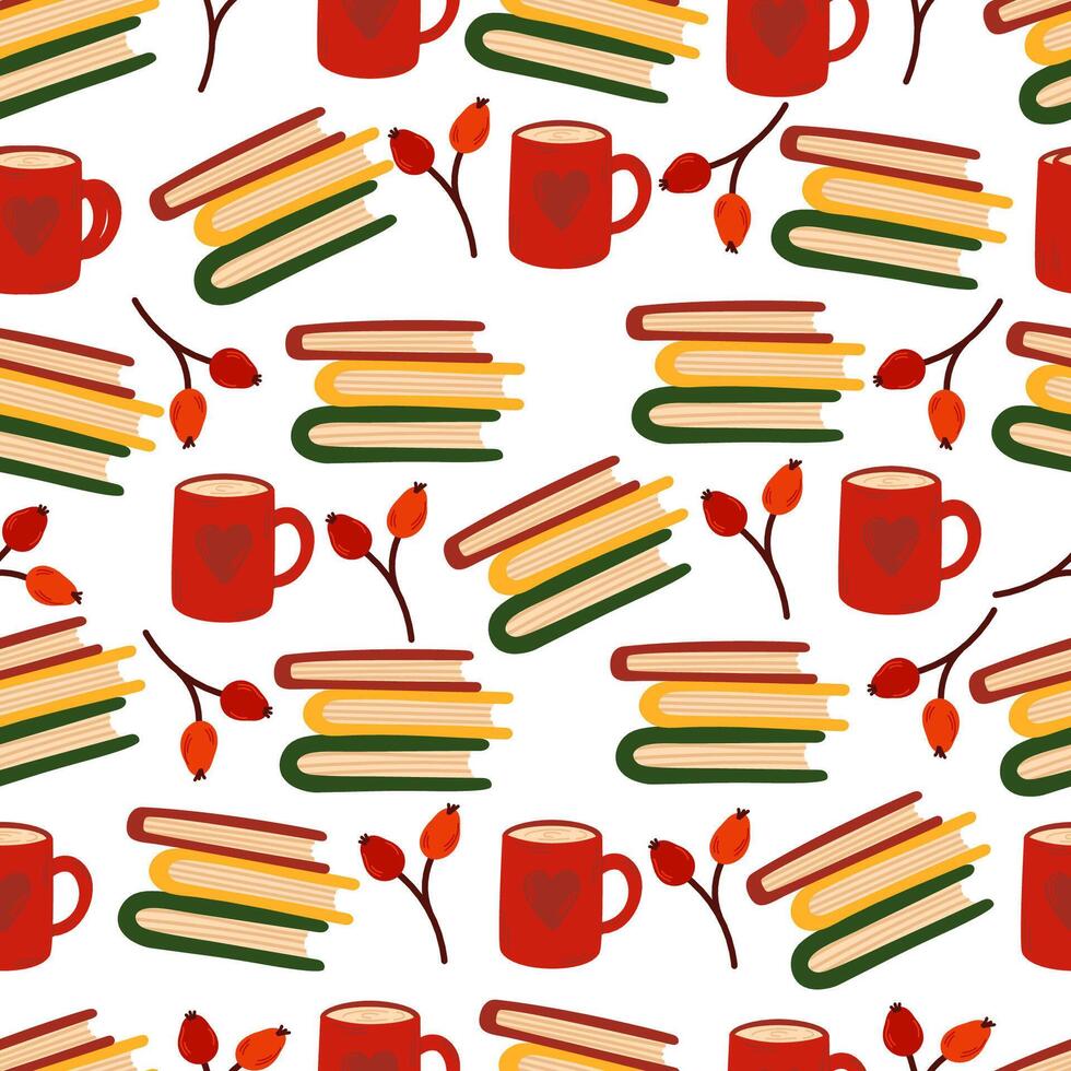 Simple seamless autumn pattern with autumn leaves, rose hips and hot coffee. For wallpaper, gift paper, patterns, background, greeting cards. Fall vector