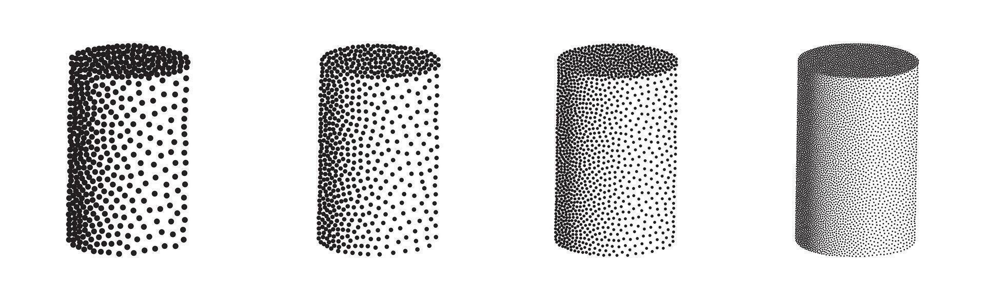 Set of 3D cylinders in halftone dotwork style. illustration vector