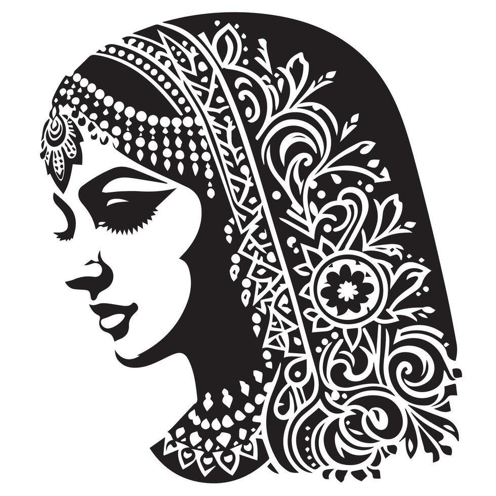 Art Dulha-Dulhan Portraits Mehndi Design, simple design for high quality , black and white, tattoo style, stencil print, mandala, impressive and visual sticker, white background vector