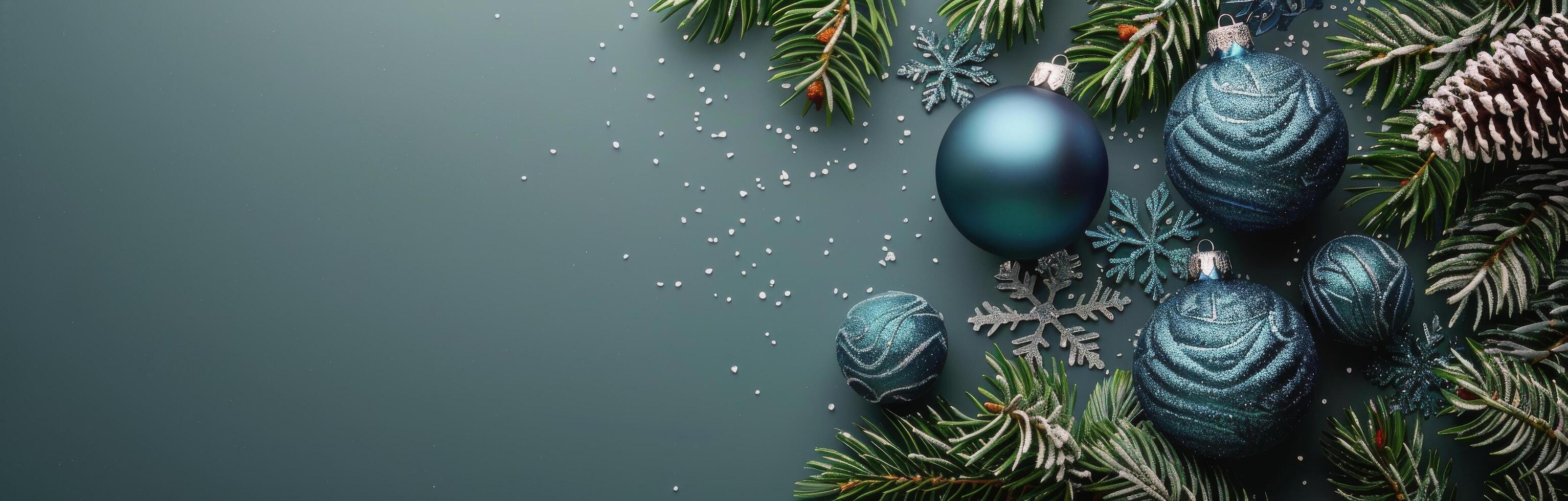 Teal Christmas Ornaments and Pine Branches photo