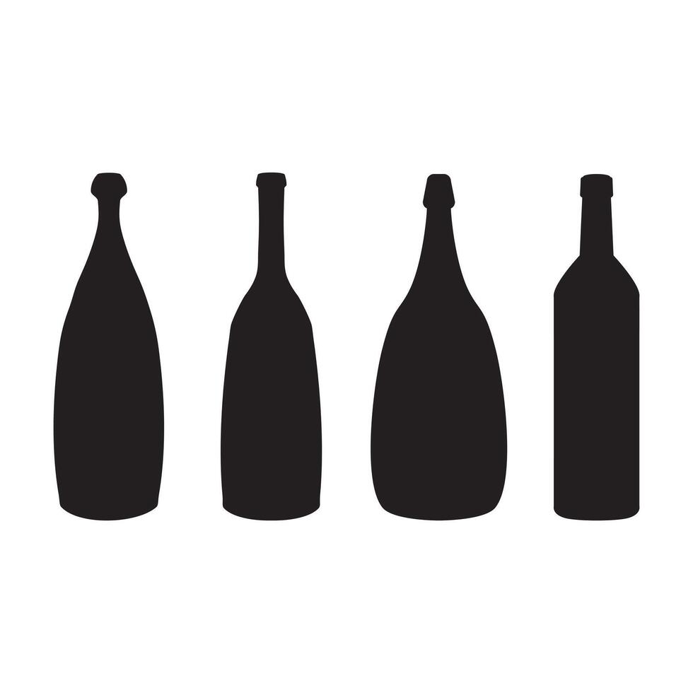 Black silhouette of wine bottles isolated on white background. Different shapes of wine bottles. vector