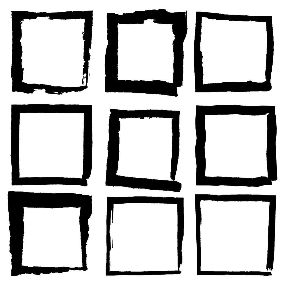 Set of grunge black stickers, borders isolated on white background. A group of labels with uneven rough edges drawn with an ink brush. Design elements, 9 square frames vector