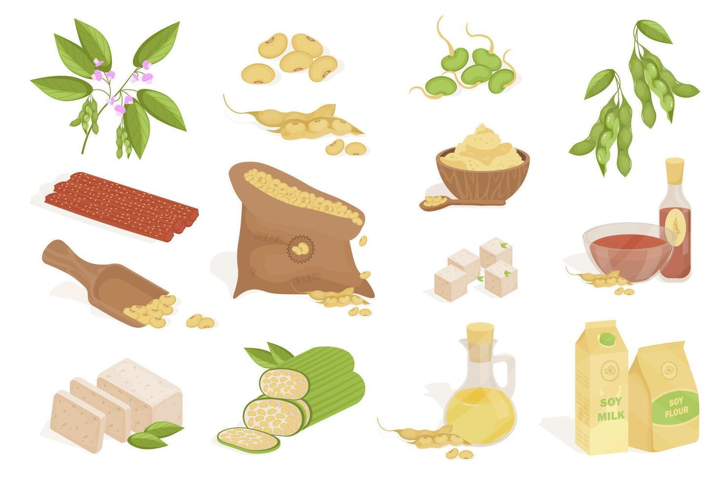 Soy products mega set elements in flat cartoon graphic design. Bundle objects of flower plant, beans, sauce, vegan milk, flour, meat with protein substitute, tofu cheese, other. illustration. vector