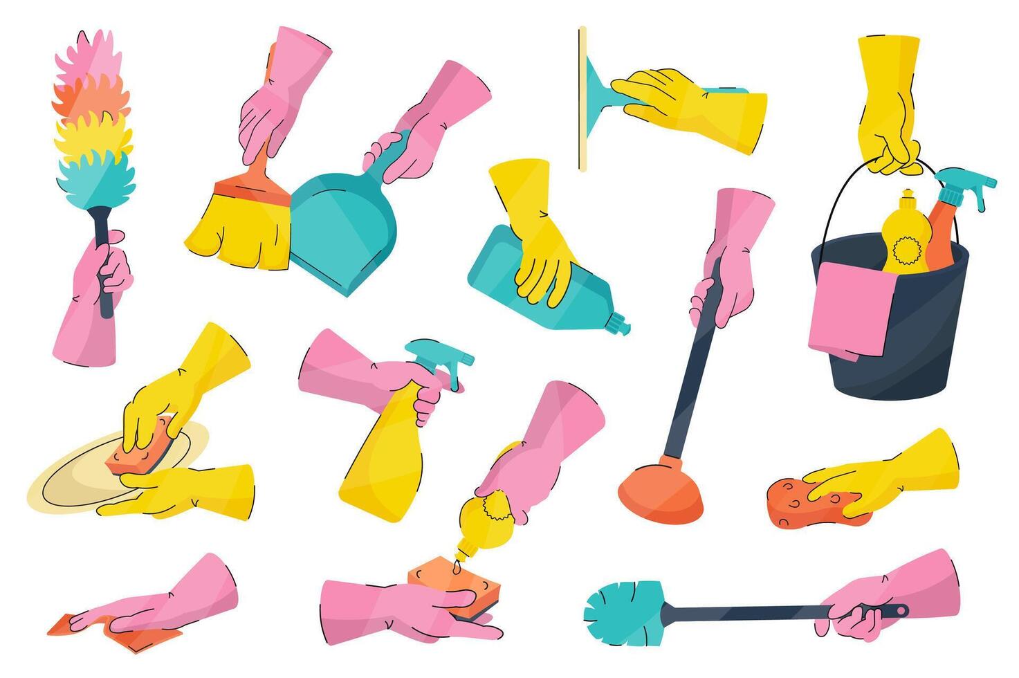 Cleaning tools mega set elements in flat cartoon graphic design. Bundle objects of dust brush, dustpan, broom, rubber gloves hand, detergent bottles, bucket, rag, sponge, other. illustration. vector