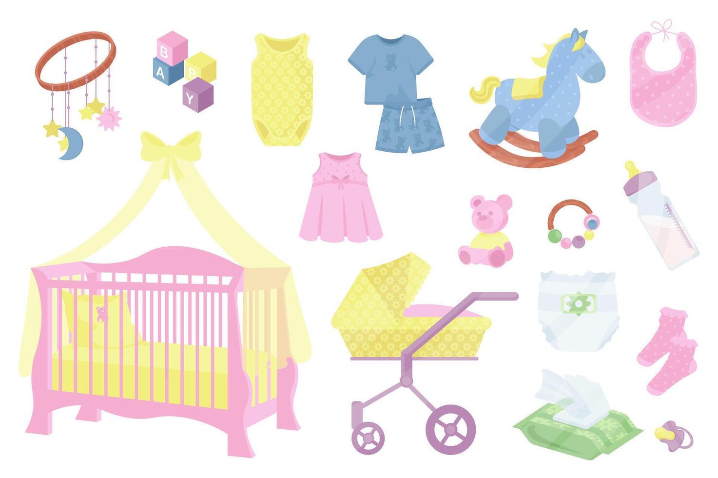 Baby care items mega set elements in flat cartoon graphic design. Bundle objects of child mobile, toys, kid clothes, bib, crib, stroller, rattle, milk bottle, diaper and other. illustration. vector