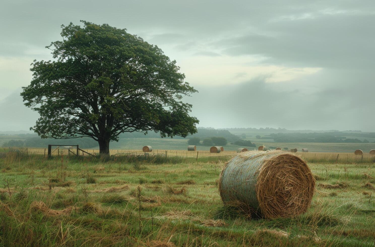 Rural Field With Hay Bales and a Single Tree photo